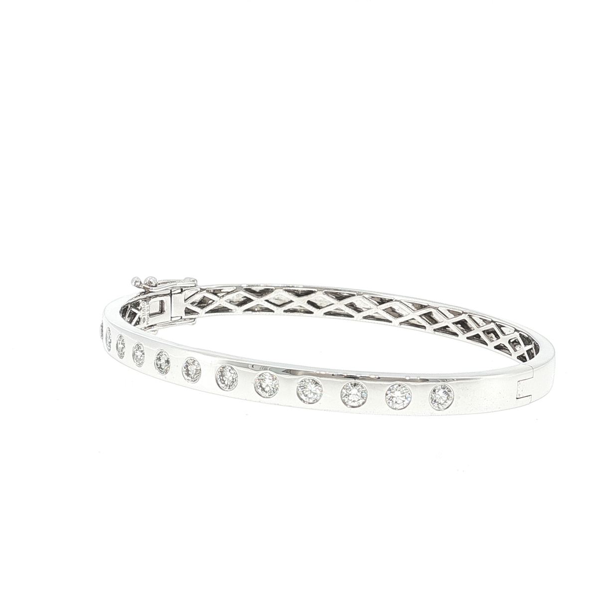 Kinsley platinum natural diamond bangle with hinged opening and box-lock clasp