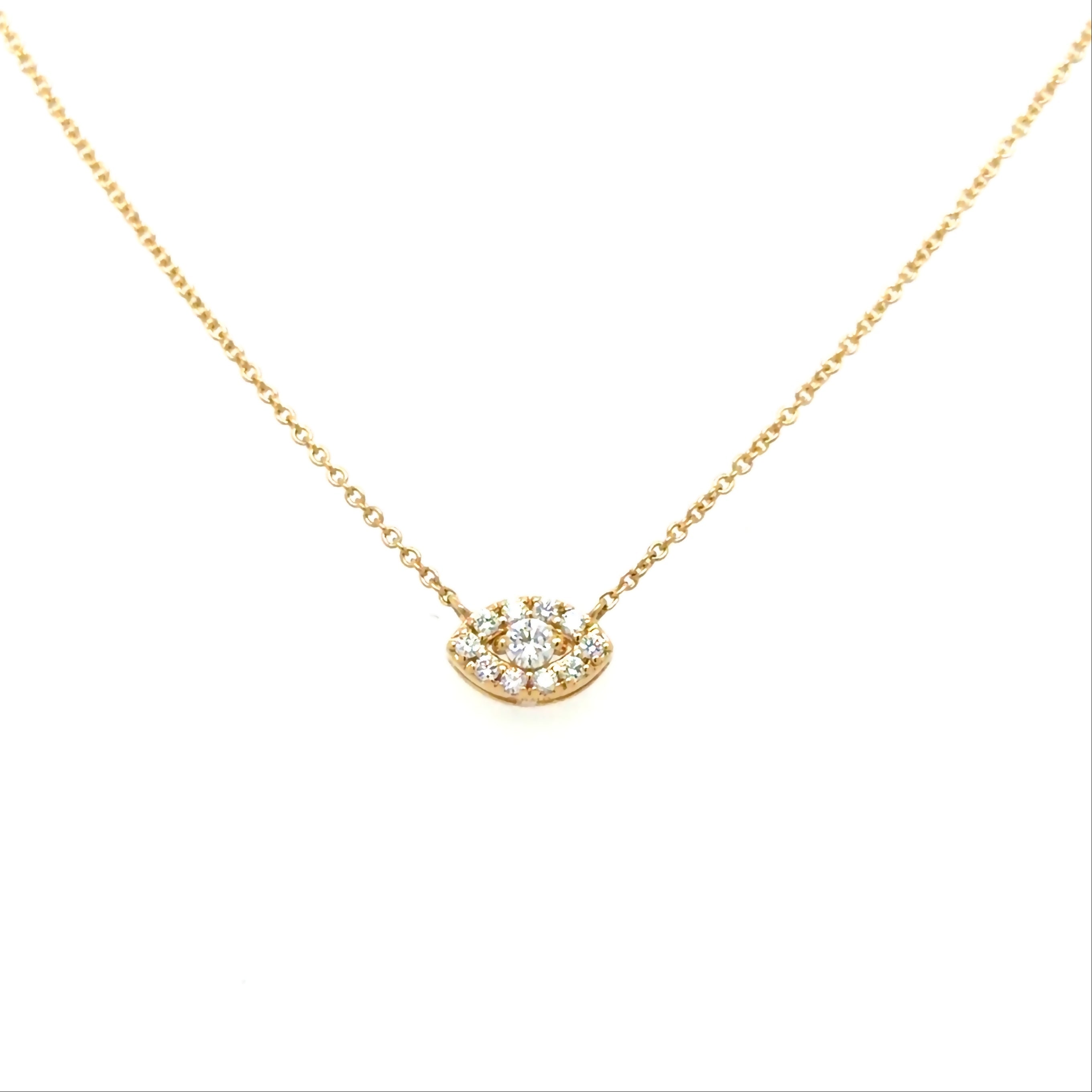 Gold necklace with a small, round, diamond-studded pendant on a white background