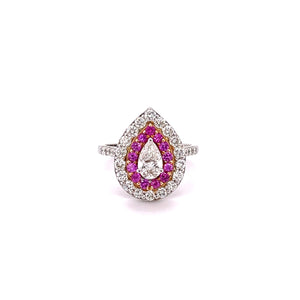 Pear Cut Diamond & Pink Sapphire Halo Engagement Ring